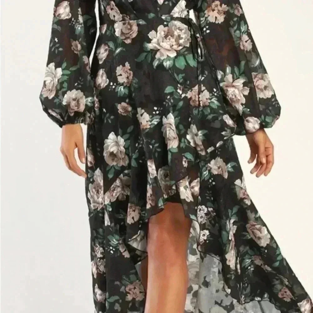 Lulus Feeling Cherished black Floral Ruffled Wrap Tiered Maxi Dress